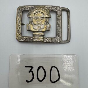 Vintage Aztec Inca Style Brass Belt Buckle Pre Columbian Figure Heavy Cast